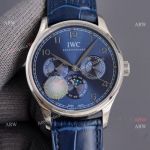 IWC Portuguese Moonphase 42MM Blue Face Arabic Leather Strap Watch